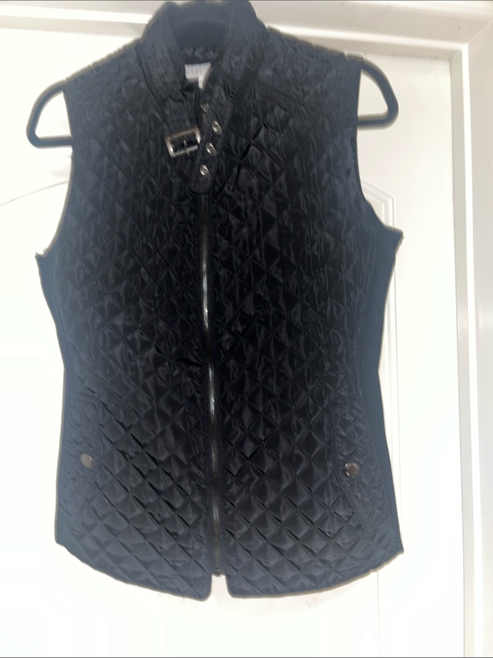 Larry Levine Black Quilted Sleeveless Zip Vest with Buckle Collar